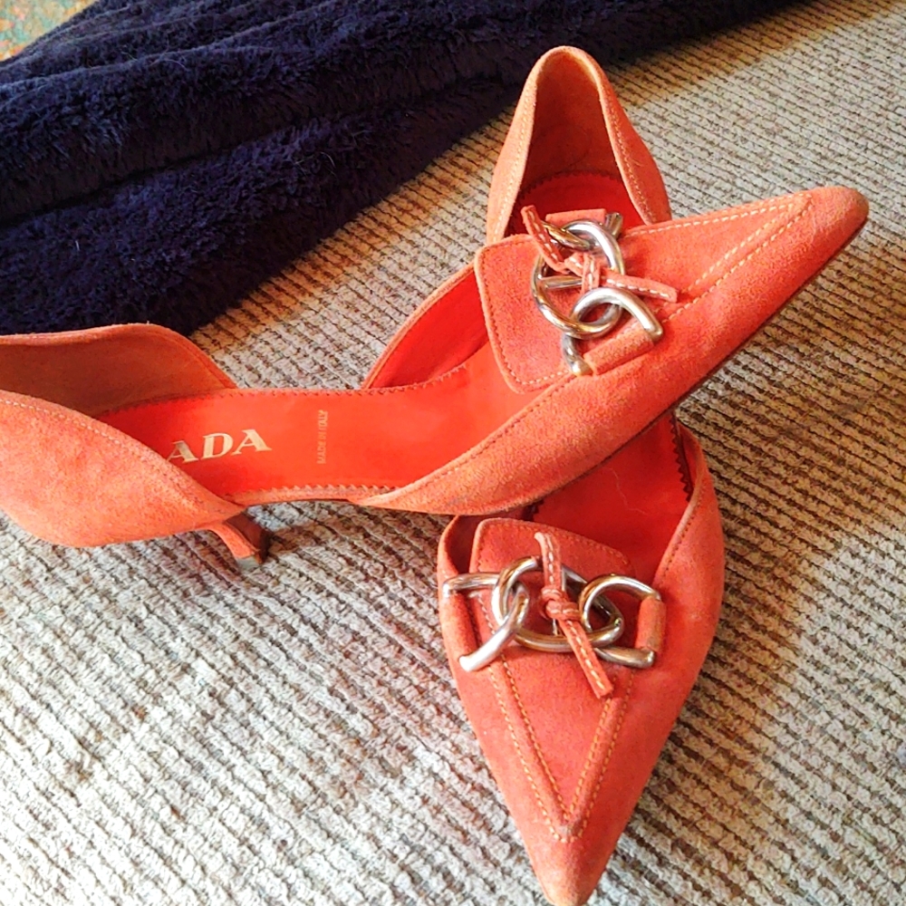 Prada Orange Suede Flats with Silver Buckle